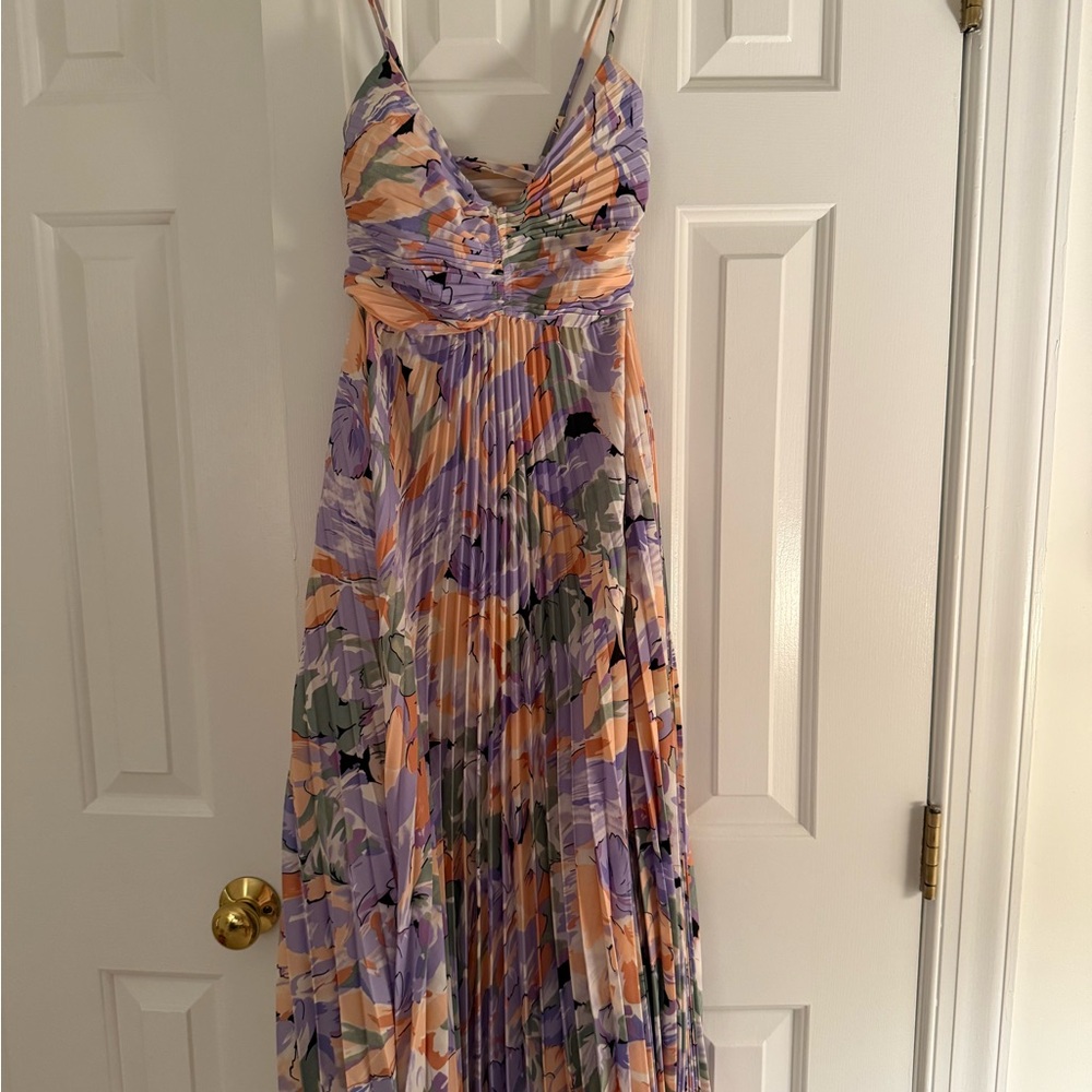 Astr Pleated Midi Dress in Purple and Orange
